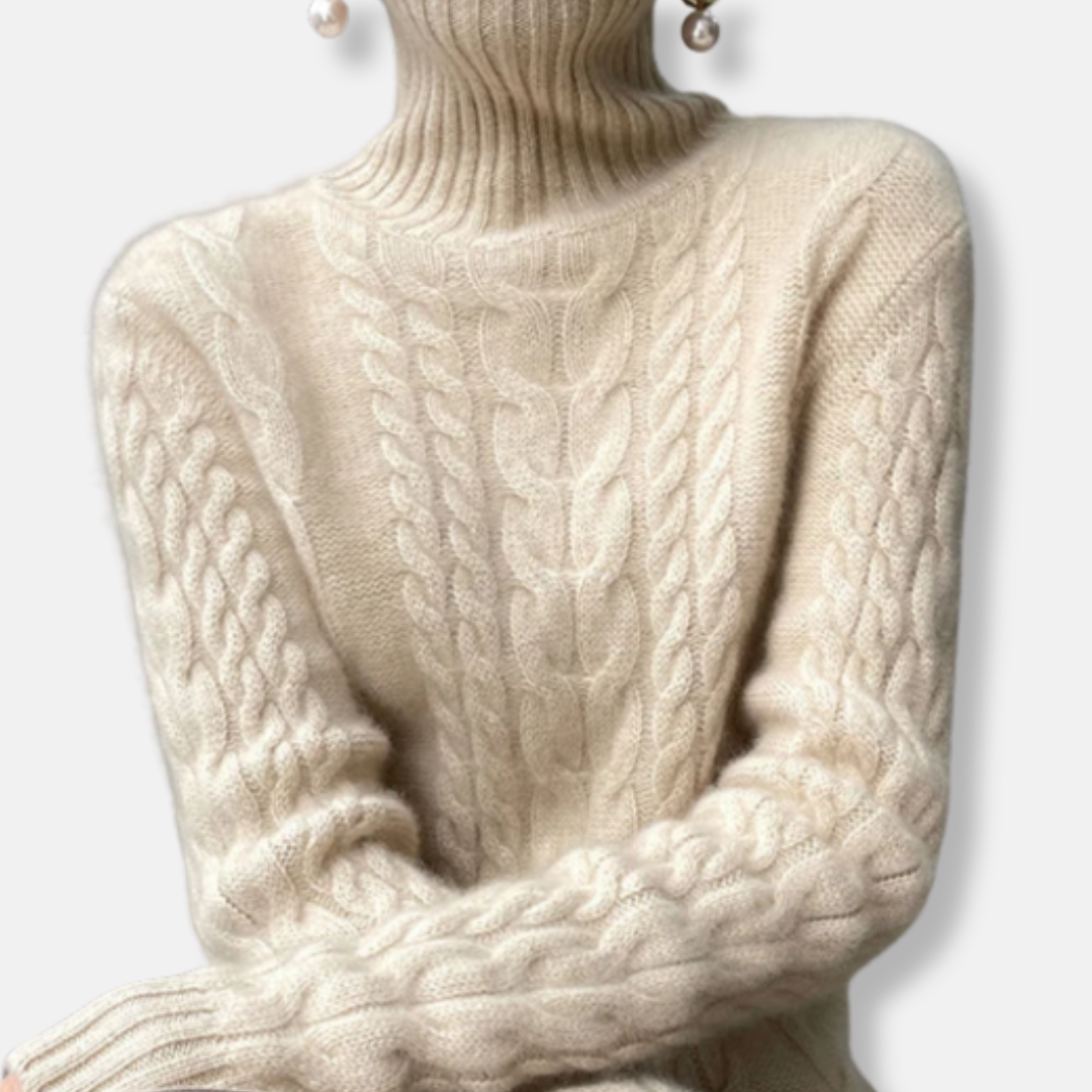 Isla Cable Knit Turtleneck Sweater | Ribbed Collar Long Sleeve Sweater
