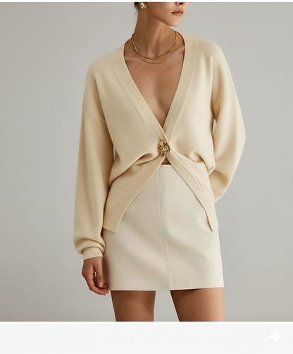 Women's Sweater - Deep V-Neck Cardigan - Gold Button - Elegant Fit