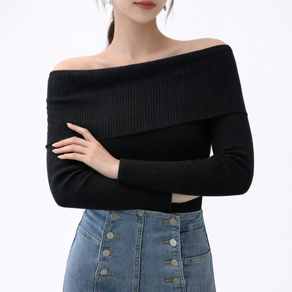 Aria Fitted Ribbed Off-Shoulder Sweater | Solid Long Sleeve Knit