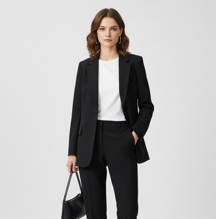 Women’s Blazer – Oversized Fit – Wool Blend – Notched Lapels – Mid-Length – Flap Pockets