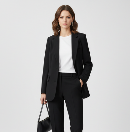 Women’s Blazer – Oversized Fit – Wool Blend – Notched Lapels – Mid-Length – Flap Pockets