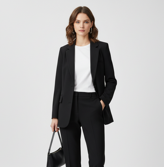 Women’s Blazer – Oversized Fit – Wool Blend – Notched Lapels – Mid-Length – Flap Pockets