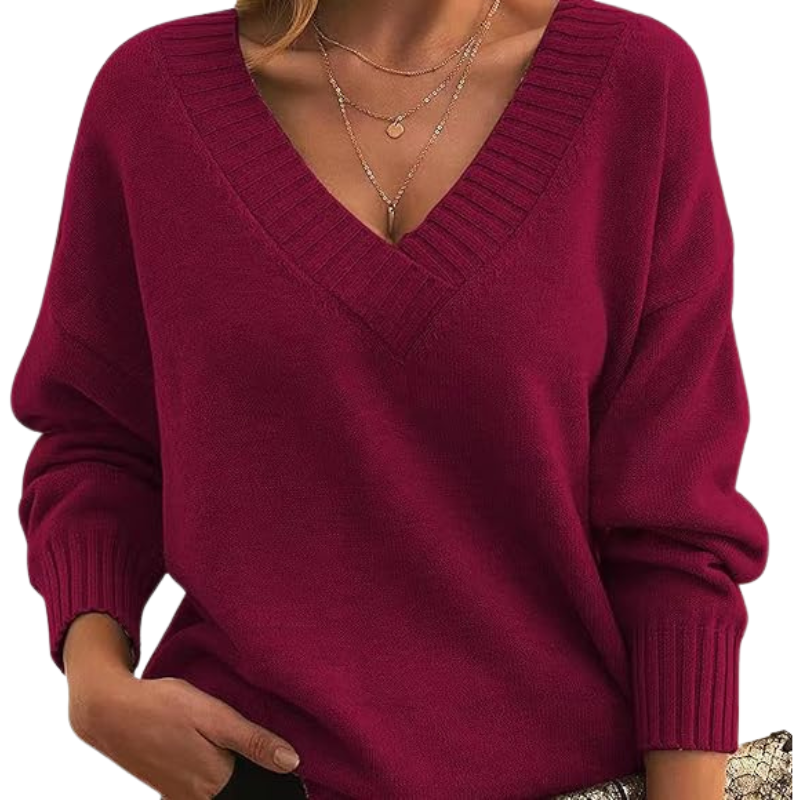 Isabella Wool Ribbed V-Neck Sweater | Relaxed Fit Hip-Length Sweater