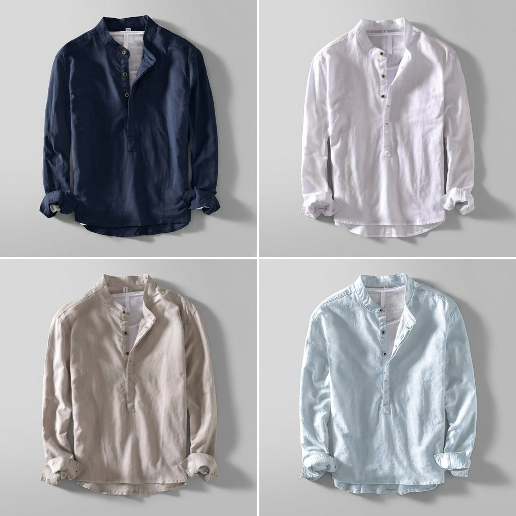Henry Relaxed Fit Henley Shirt | Stand Collar Button Placket Shirt