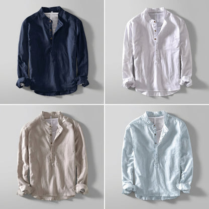 Henry Relaxed Fit Henley Shirt | Stand Collar Button Placket Shirt
