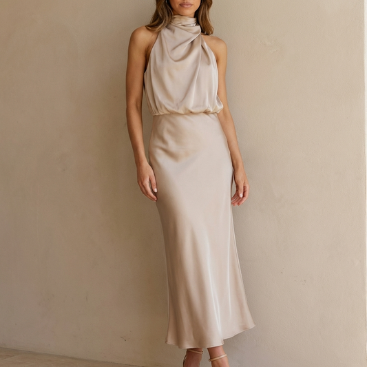 Isabella Draped Halter Neck Midi Dress | Sleeveless Body Skimming Dress