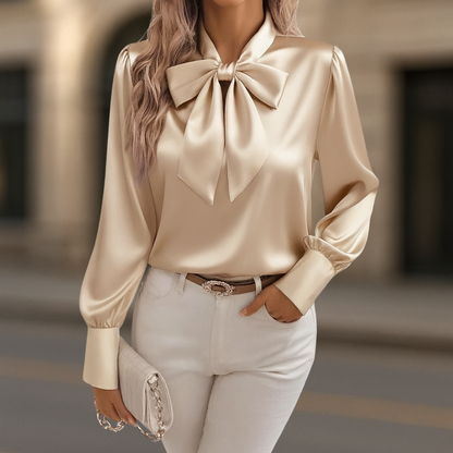 Isabella Regular Fit Bow Neck Blouse | Puff Shoulder Button Cuffs Blouse