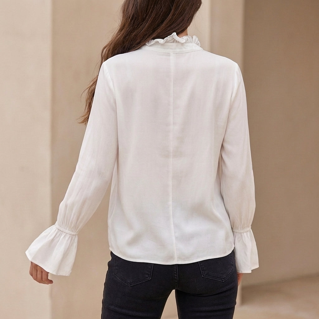 Isla Relaxed Fit Shirt | Bell Sleeve Ruffled Collar Shirt