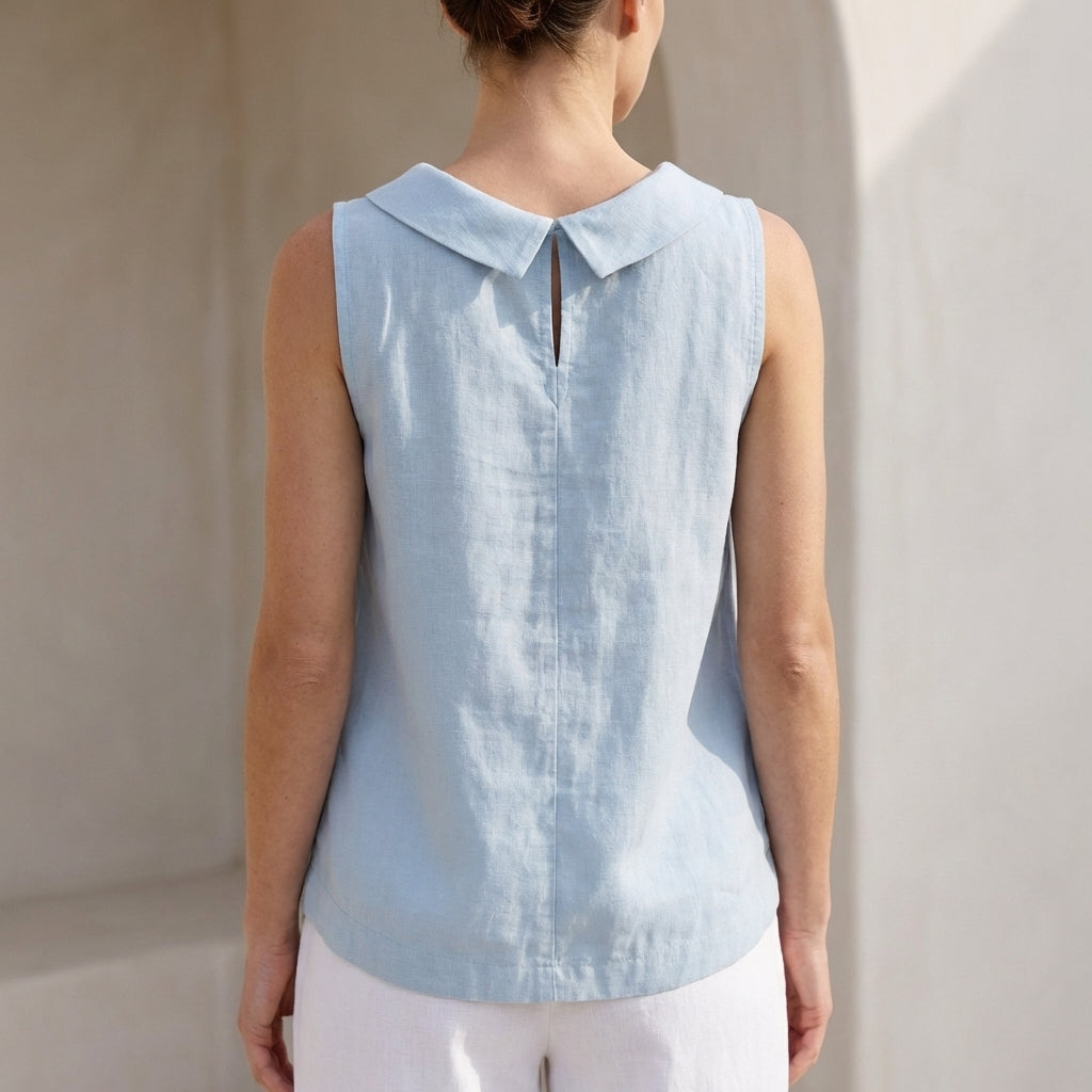Maria Relaxed Fit Sleeveless Top | Roll Collar Curved Hem Top