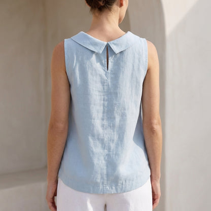 Maria Relaxed Fit Sleeveless Top | Roll Collar Curved Hem Top