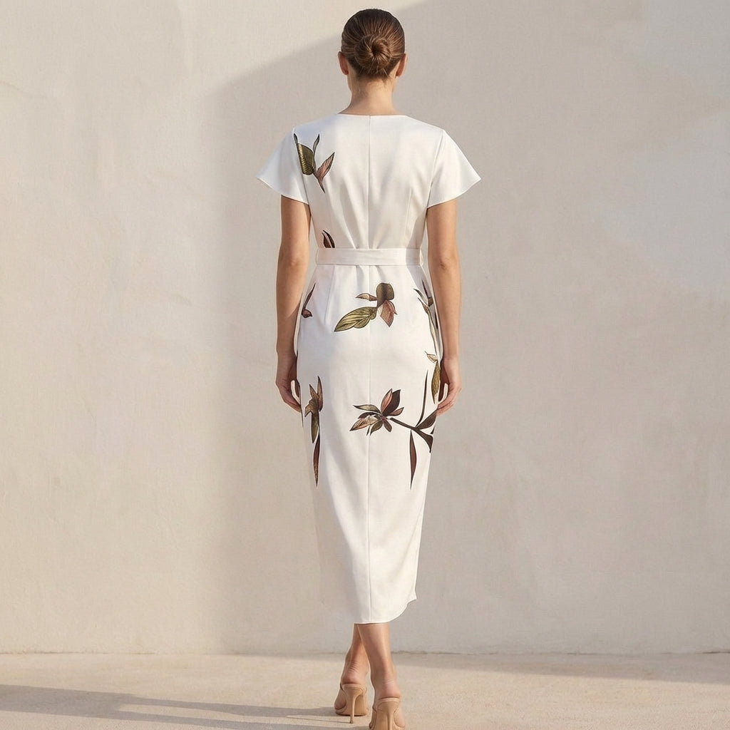 Isabella Wrap Dress | Leaf Print V-Neck Midi Dress