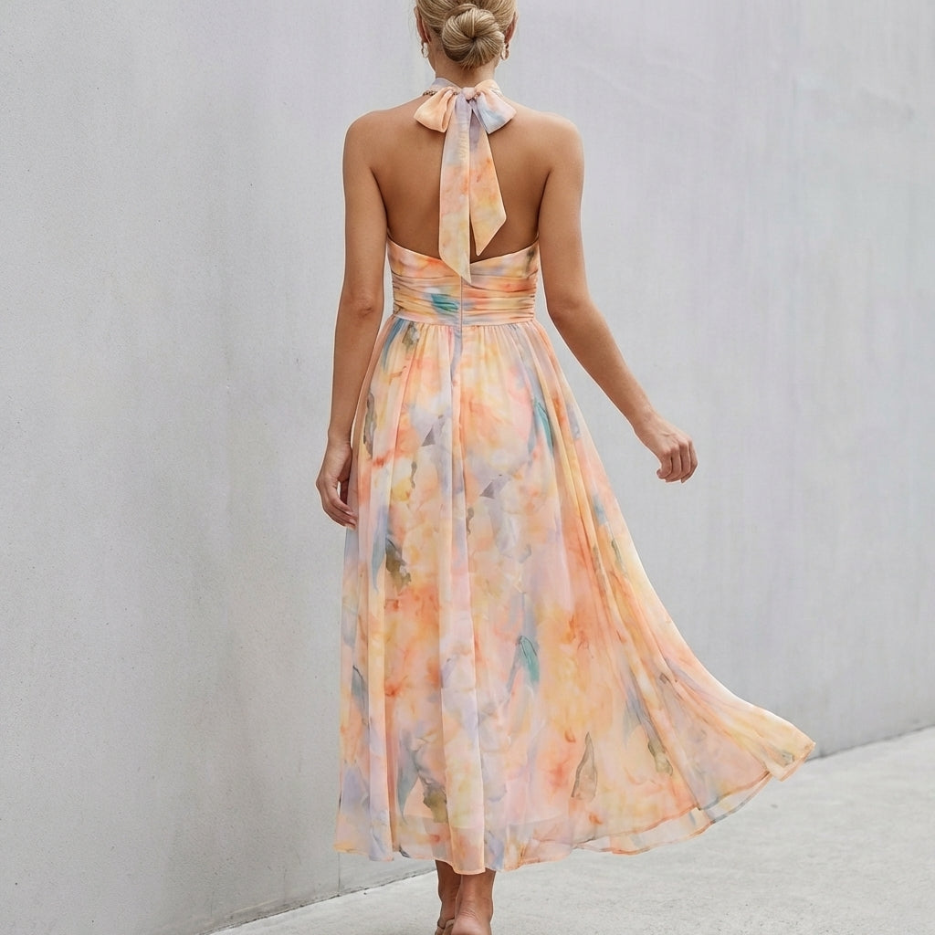 Isla A-Line Maxi Dress | Halter Neck Floral Sleeveless Dress