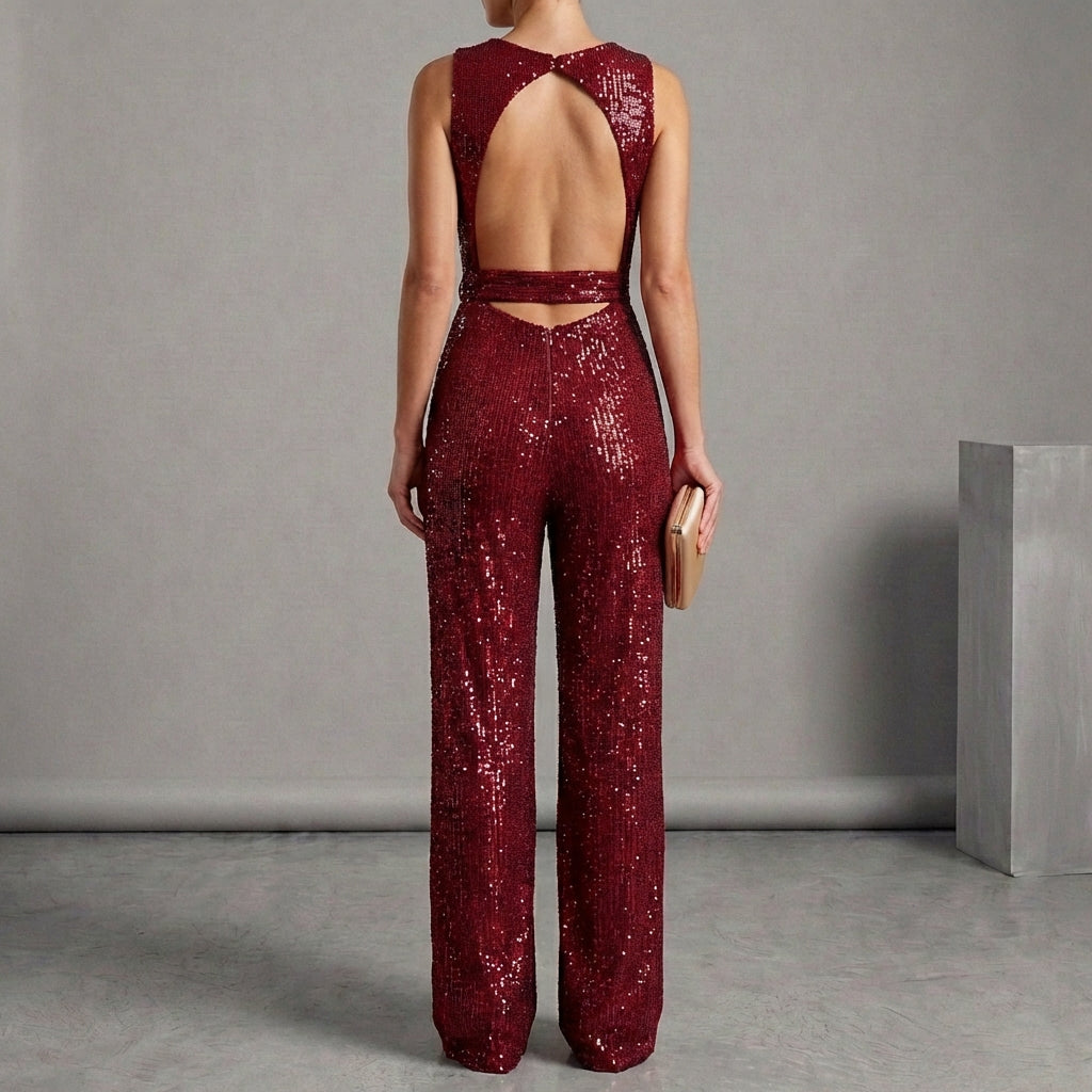 Isabella Wide Leg Glitter Embellished Jumpsuit | Belted Sleeveless Jumpsuit