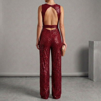 Isabella Wide Leg Glitter Embellished Jumpsuit | Belted Sleeveless Jumpsuit