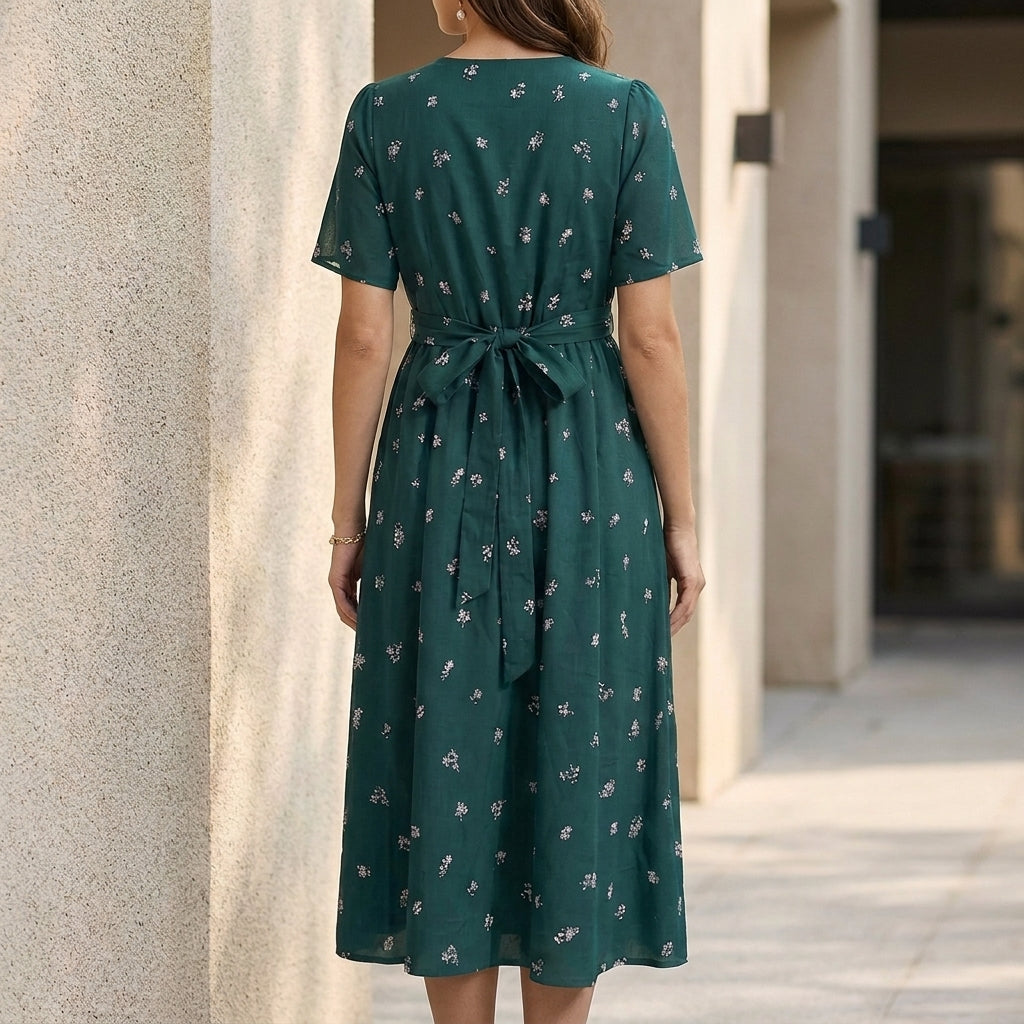 Miriam Floral V-Neck Midi Dress | Emerald Green Short Sleeve A-Line Dress
