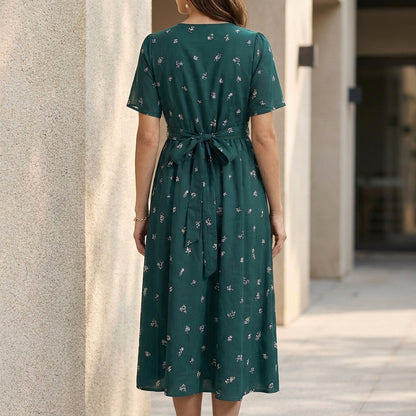Miriam Floral V-Neck Midi Dress | Emerald Green Short Sleeve A-Line Dress