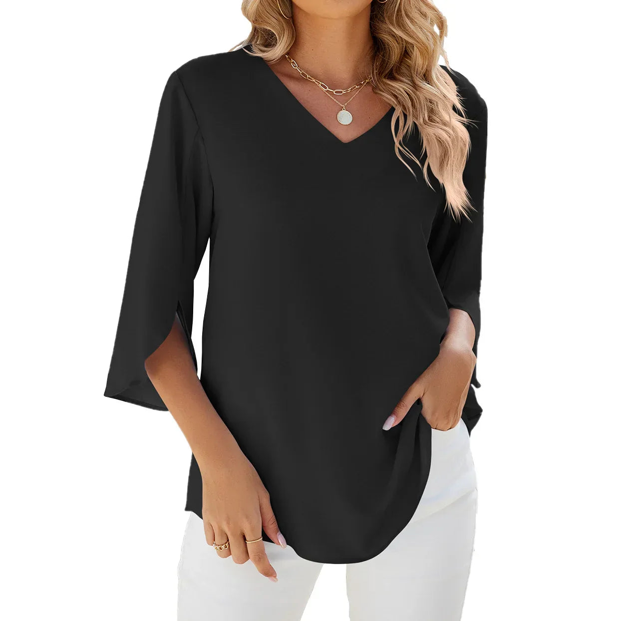 Bea Blouse | Mid-Sleeve V-Neck Chiffon Blouse
