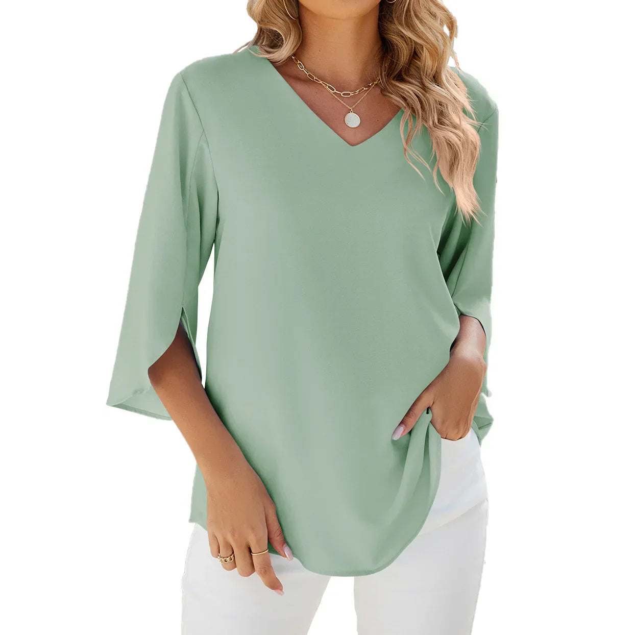 Bea Blouse | Mid-Sleeve V-Neck Chiffon Blouse