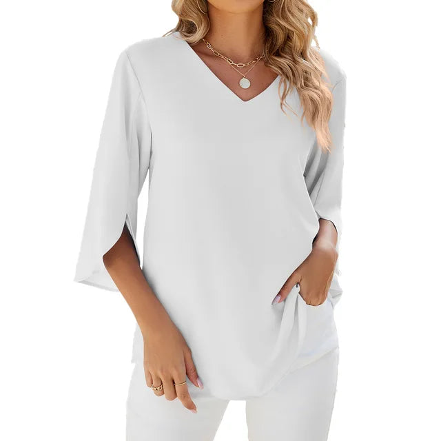 Bea Blouse | Mid-Sleeve V-Neck Chiffon Blouse