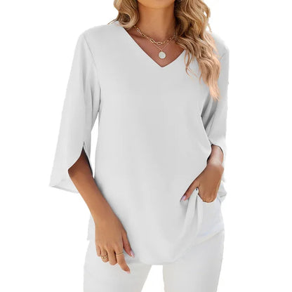 Bea Blouse | Mid-Sleeve V-Neck Chiffon Blouse