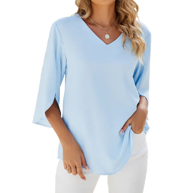 Bea Blouse | Mid-Sleeve V-Neck Chiffon Blouse