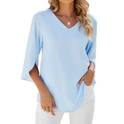 Bea Blouse | Mid-Sleeve V-Neck Chiffon Blouse