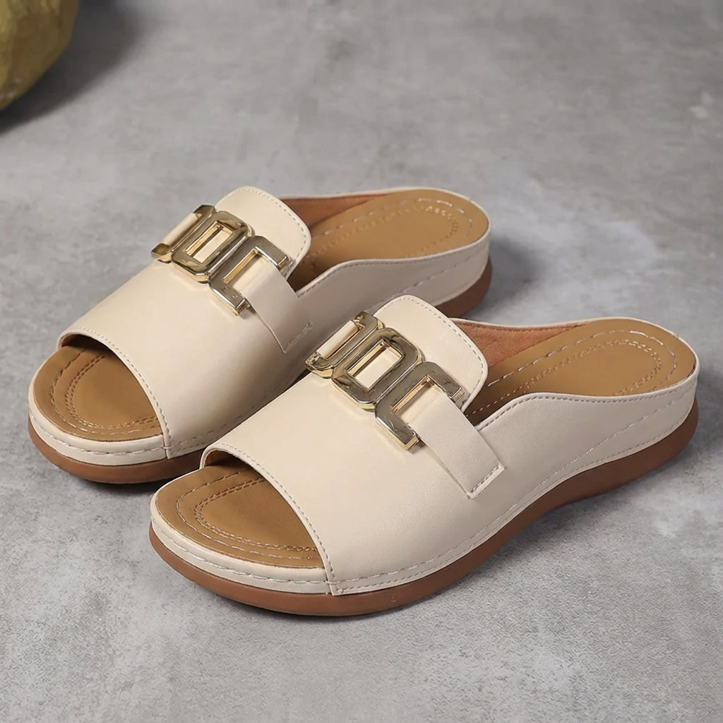 Sienna Orthopedic Slide Sandals | Open Toe Buckle Detail Sandals