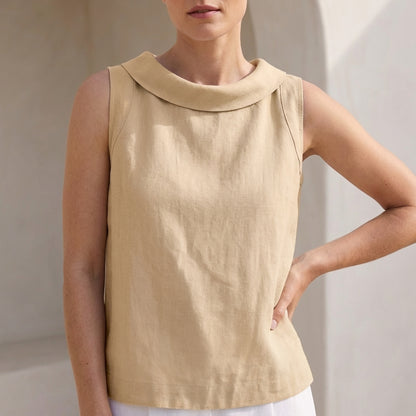 Maria Relaxed Fit Sleeveless Top | Roll Collar Curved Hem Top