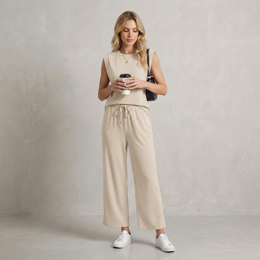 Isla Relaxed Fit Shoulder Pad Top And Pants Two-Piece Set | Solid Casual Wear