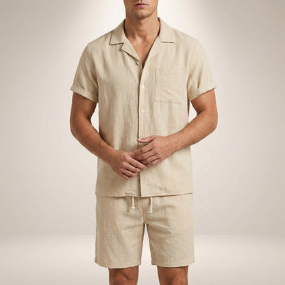 Theo Relaxed Fit Short Sleeve Shirt and Drawstring Shorts Two-Piece Set | Solid Casual Menswear
