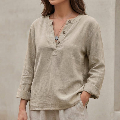 Isla Relaxed Fit Henley Shirt | Solid Button Placket Henley Shirt