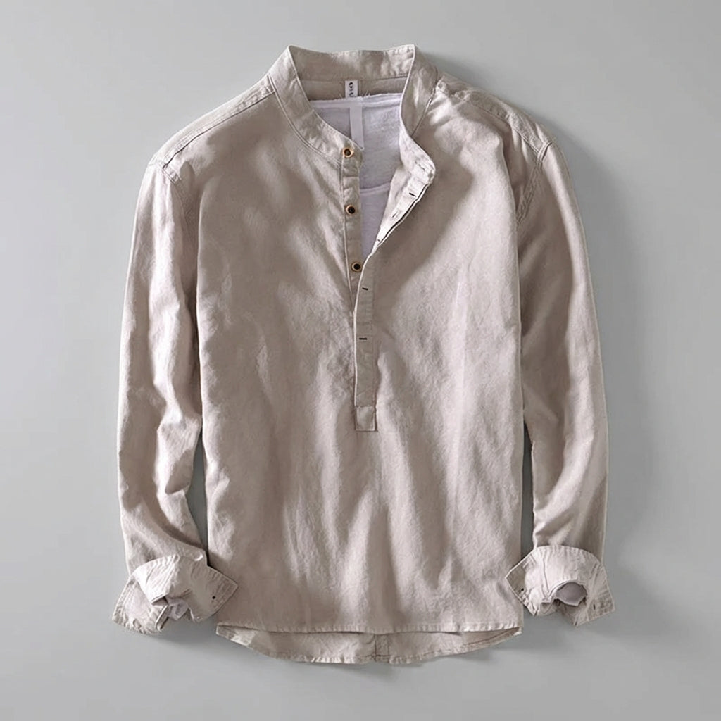 Henry Relaxed Fit Henley Shirt | Stand Collar Button Placket Shirt