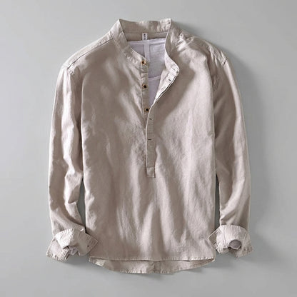 Henry Relaxed Fit Henley Shirt | Stand Collar Button Placket Shirt