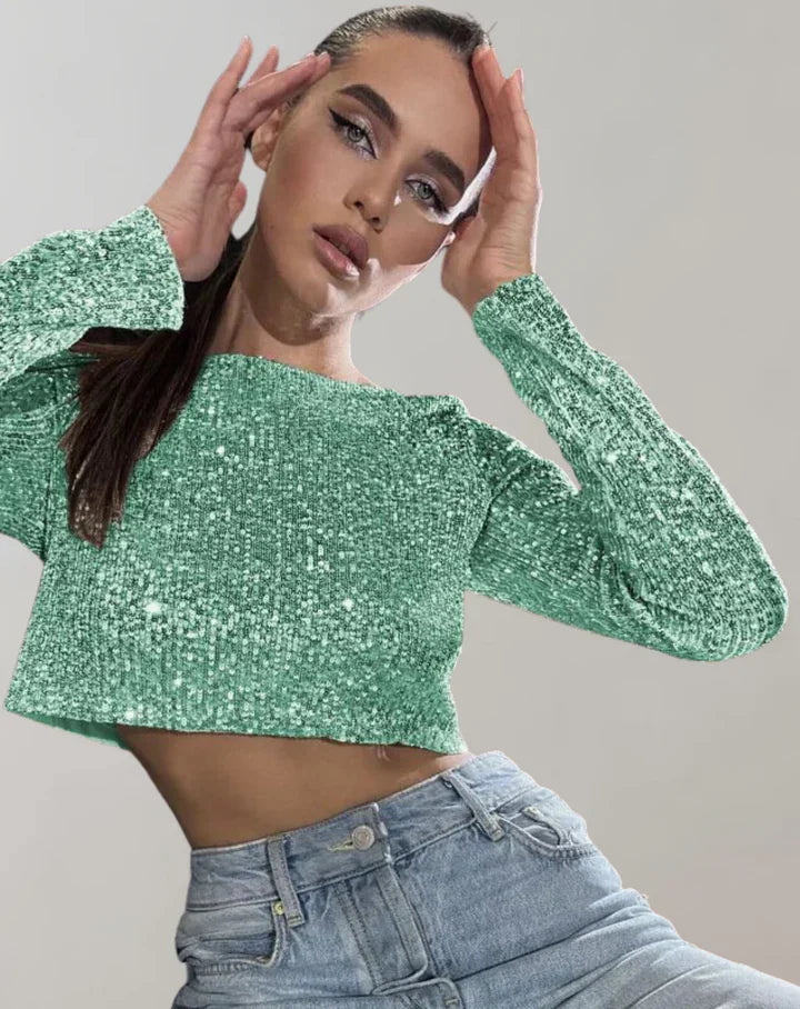 Binnie Top | Women's Sequin Long-Sleeve Crop Top