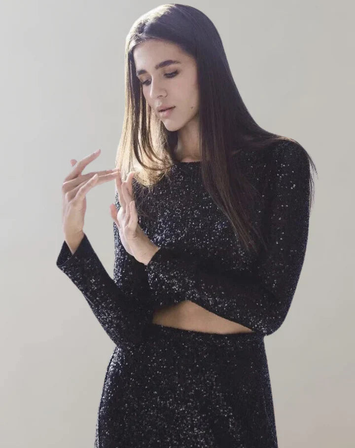 Binnie Top | Women's Sequin Long-Sleeve Crop Top
