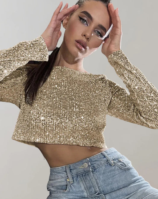 Binnie Top | Women's Sequin Long-Sleeve Crop Top
