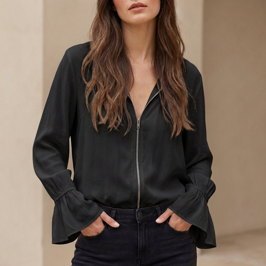 Isla Relaxed Fit Shirt | Bell Sleeve Ruffled Collar Shirt