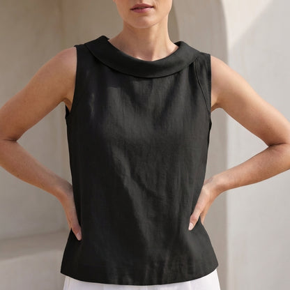 Maria Relaxed Fit Sleeveless Top | Roll Collar Curved Hem Top