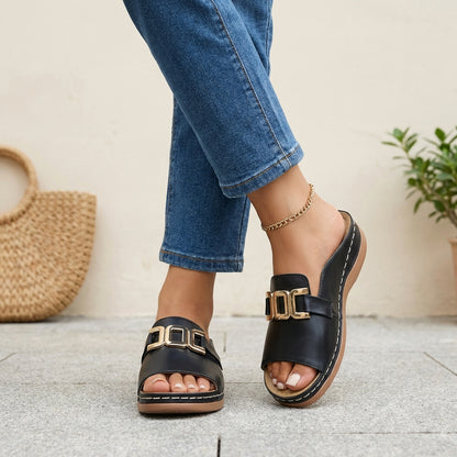 Sienna Orthopedic Slide Sandals | Open Toe Buckle Detail Sandals