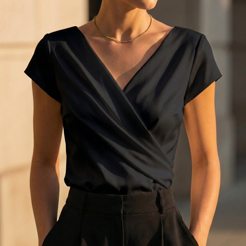 Isabella Draped Wrap Top | Wrap V-Neck Short Sleeve Top