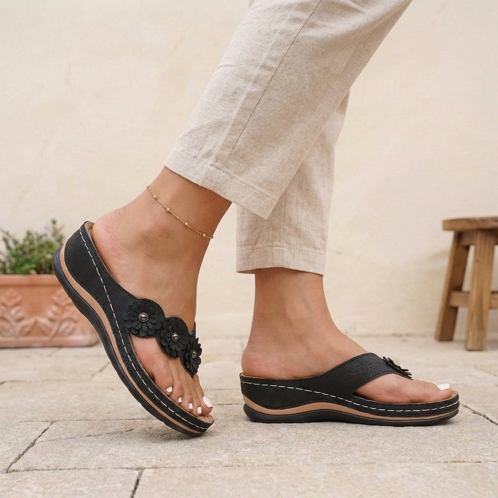 Florence Orthopedic Wedge Heel Wedge Sandals | Flower Applique Geometric Wedge Sandals