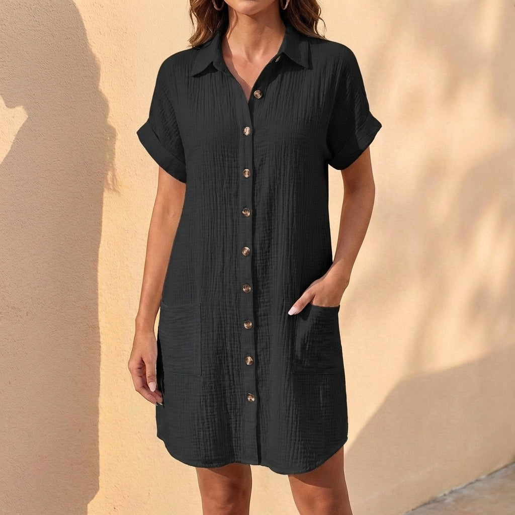 Isla Linen Relaxed Fit Shirt Dress | Collared Button Front Dress