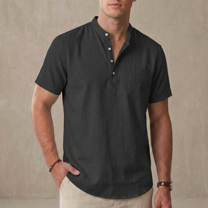 Leo Relaxed Fit Henley Shirt | Band Collar Chest Pocket Shirt