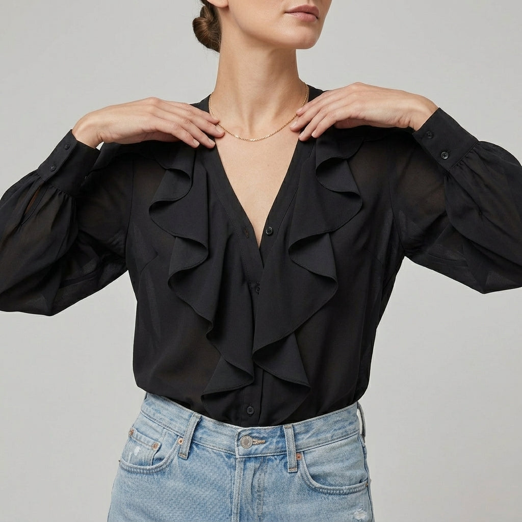 Beatrice Ruffled V-Neck Blouse | Relaxed Fit Long Sleeve Blouse