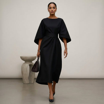 Isabella Relaxed Fit Dress | Round Neck Bat Sleeve Dress