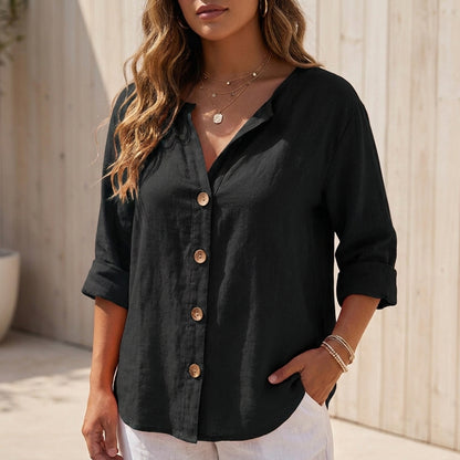 Valentina Loose Fit Button-Front Shirt | V-Neck Three-Quarter Sleeve Shirt