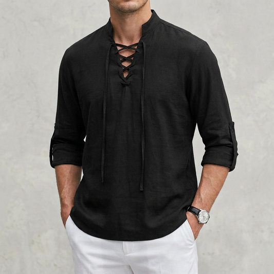 Arthur Relaxed Fit Shirt | Band Collar Lace-Up Neckline Shirt
