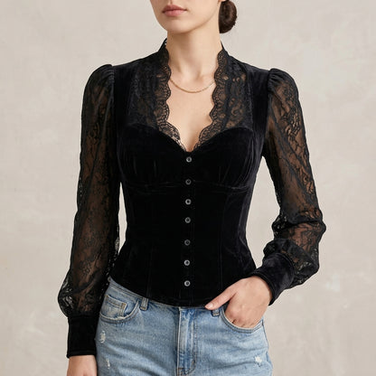 Sienna Slim Fit Blouse | Lace Trim Button Front Blouse