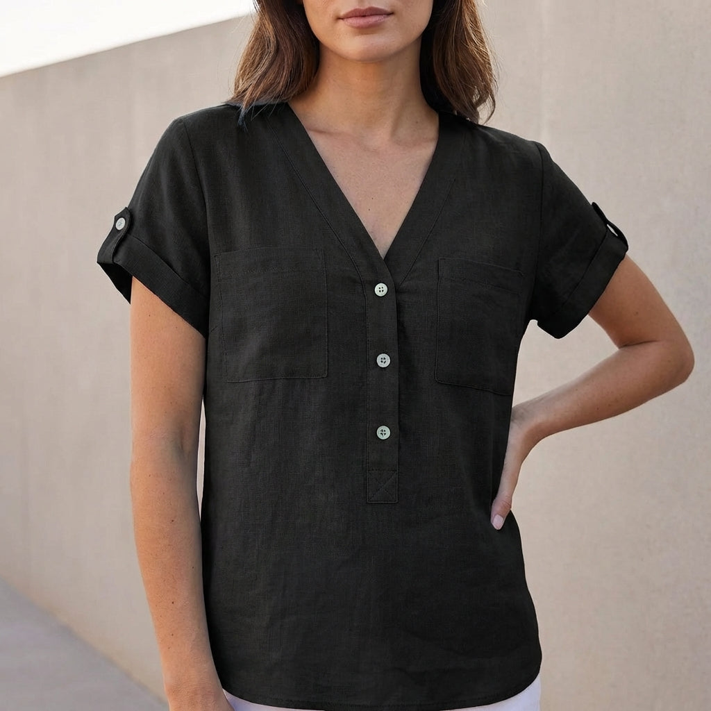 Isabella Relaxed Fit Button-Front Shirt | V-Neck Chest Pockets Shirt