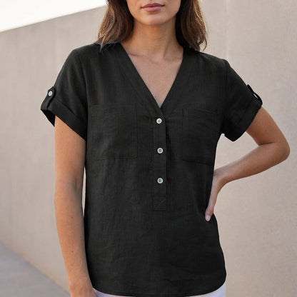 Isabella Relaxed Fit Button-Front Shirt | V-Neck Chest Pockets Shirt